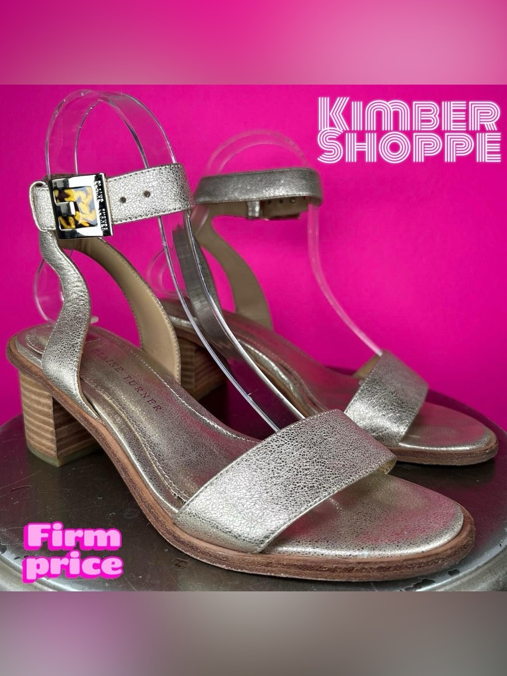 Elaine Turner Metallic Gold Leather Open Toe Ankle Strap Block Heel Sandal US 7
